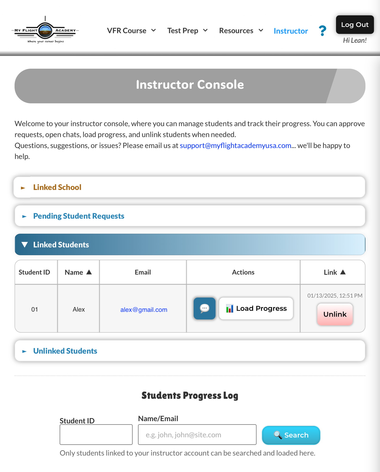 My Flight Academy Instructor Console to track student progress