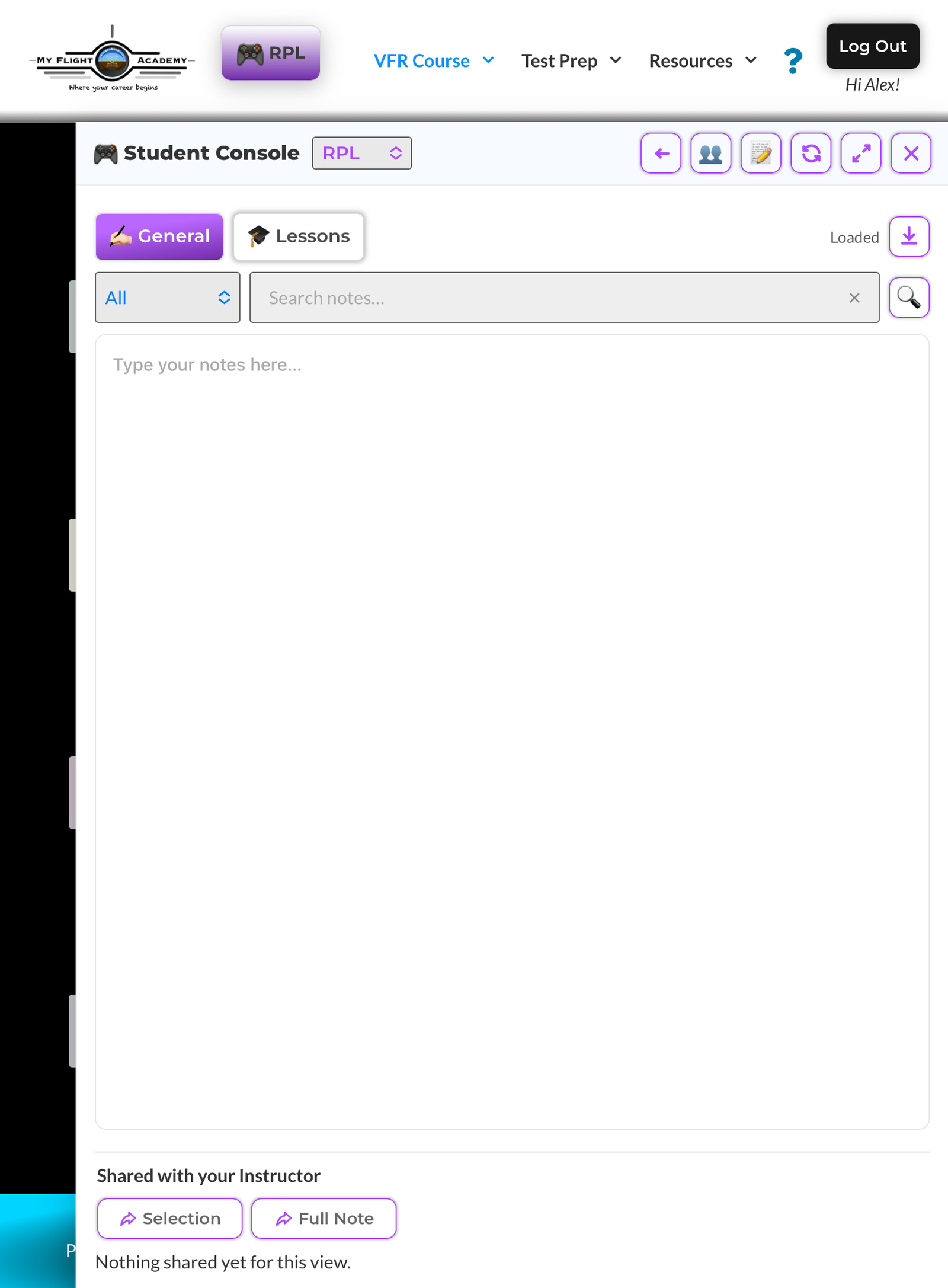 Student Console Notes Panel General