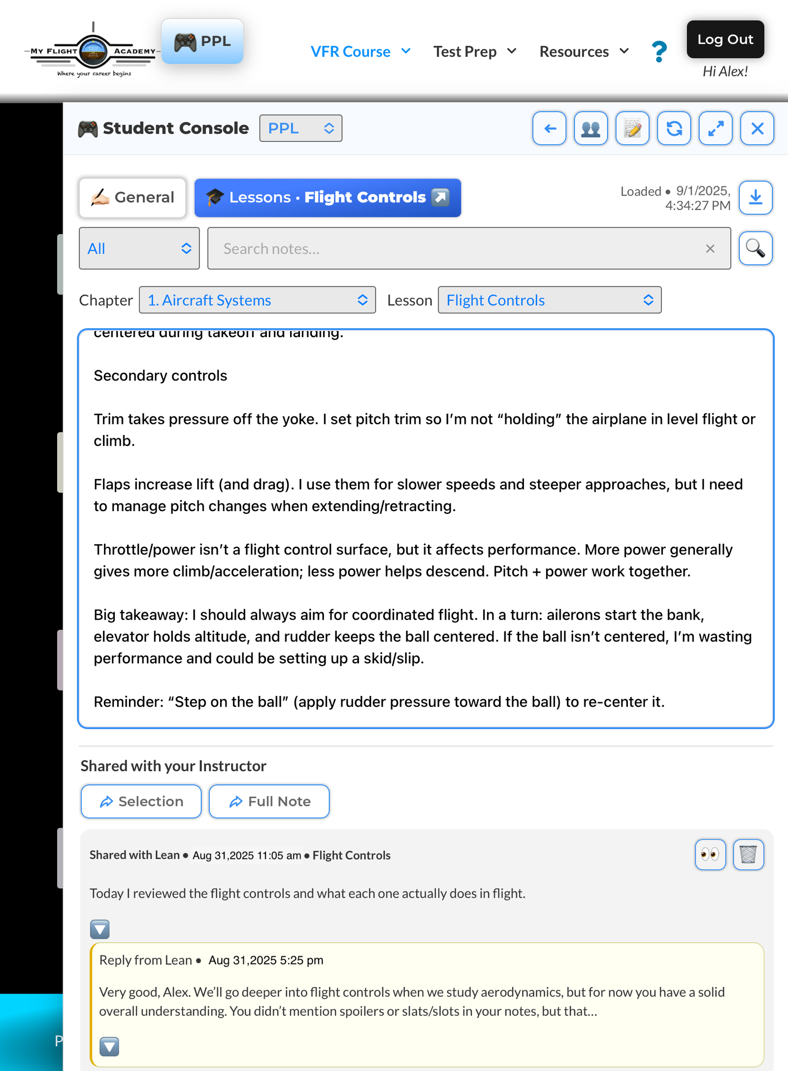 Student Console Notes Panel Lessons Shared Note