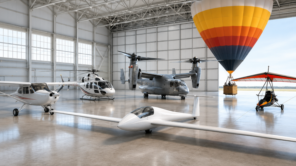 Different categories of aircraft parked in a hangar