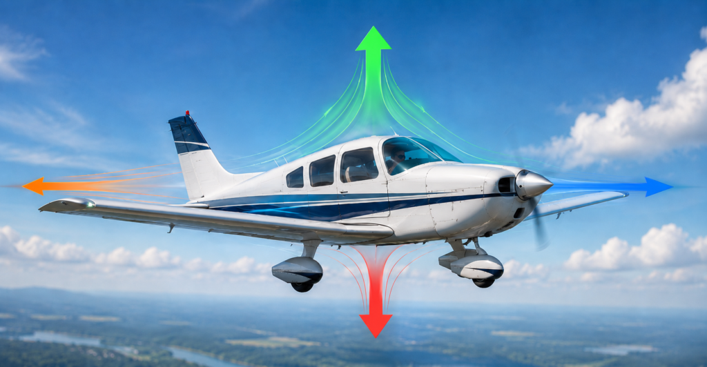 Illustration of the four forces of flight: lift, weight, drag and thrust